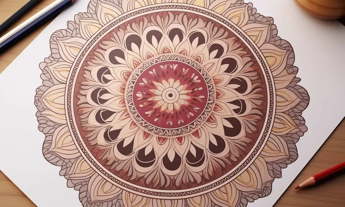 Piękna mandala w odcieniach brązu i beżu, z subtelnym akcentem czerwieni. Kolor mandali tworzy harmonijną całość.