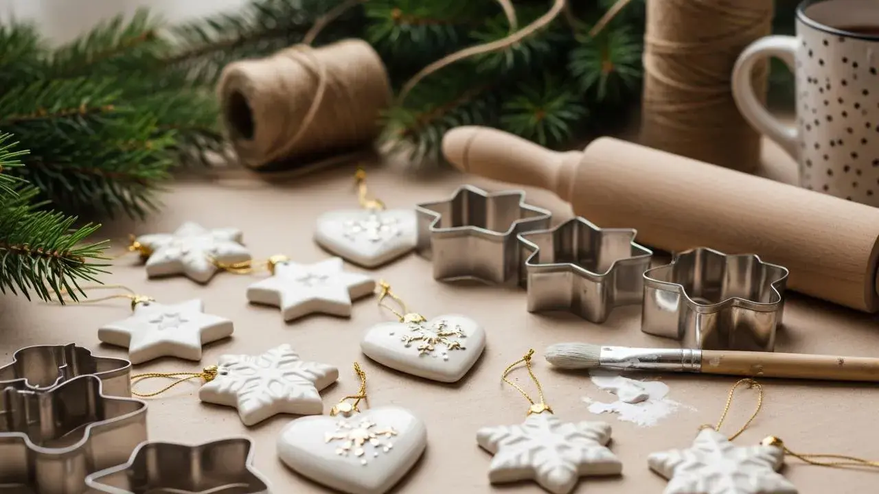 Białe ozdoby choinkowe w kształcie gwiazdek i serc, wykonane z masy porcelanowej, czekają na świąteczne dekorowanie. Obok wałek, foremki i pędzelek.