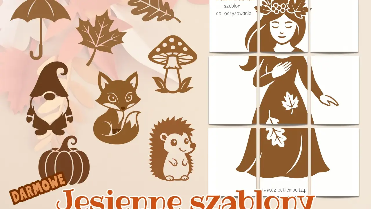 Jesienne szablony do odrysowania: Pani Jesień, parasol, dynia, lis, jeż, grzyb, krasnal i liście.