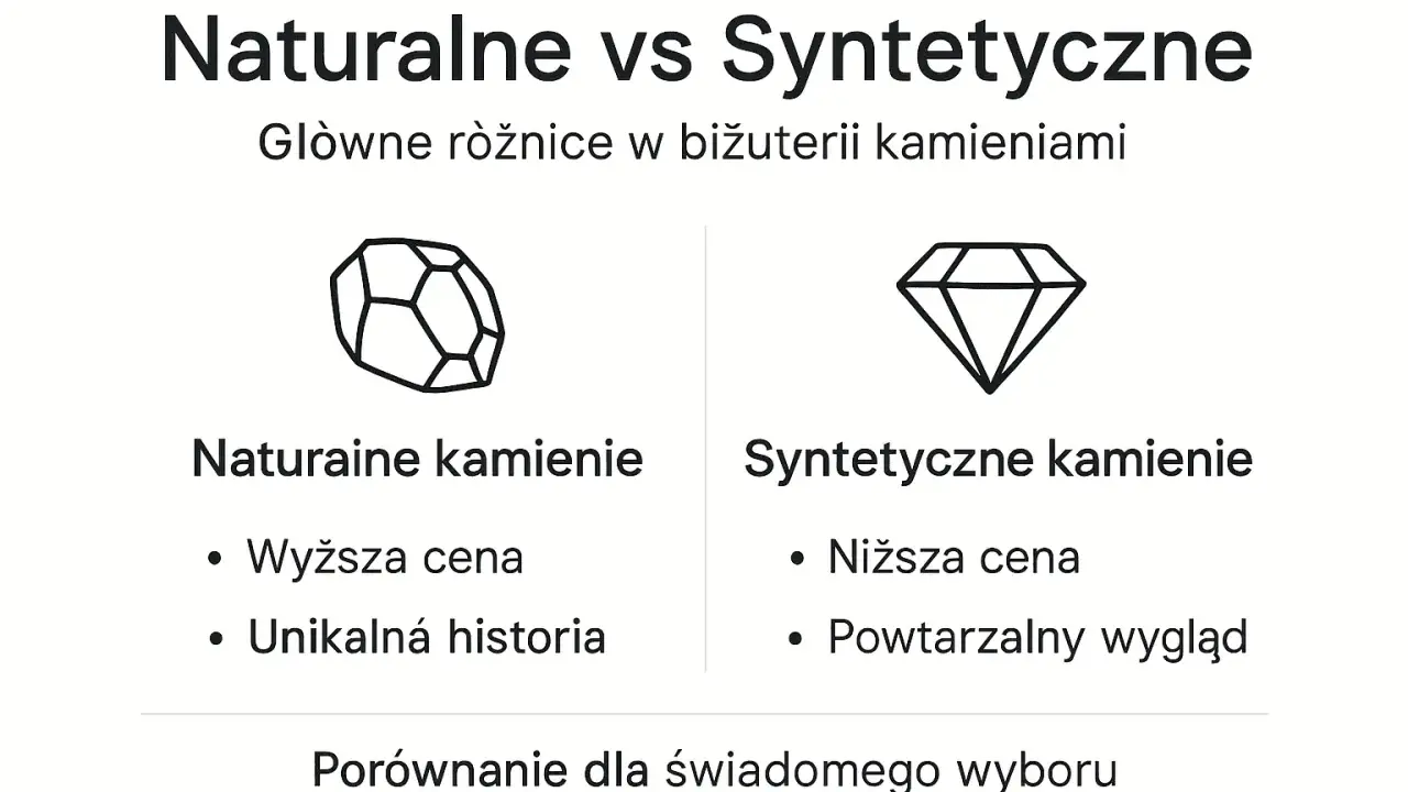 Porównanie naturalnych i syntetycznych kamieni: wyższa cena i unikalna historia vs niższa cena i powtarzalny wygląd.