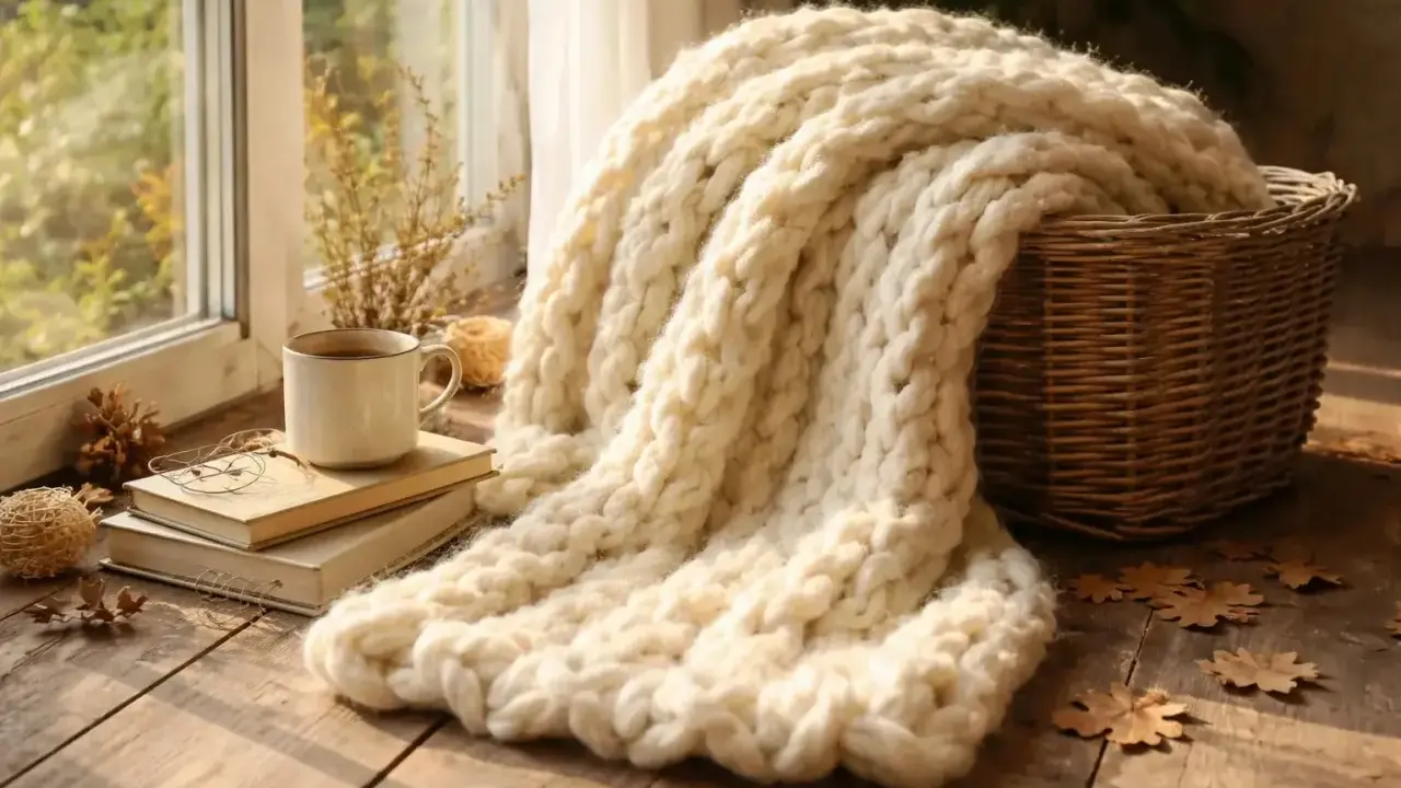 Ciepły koc wykonany techniką arm knitting, leżący obok koszyka, książek i kubka kawy przy oknie.