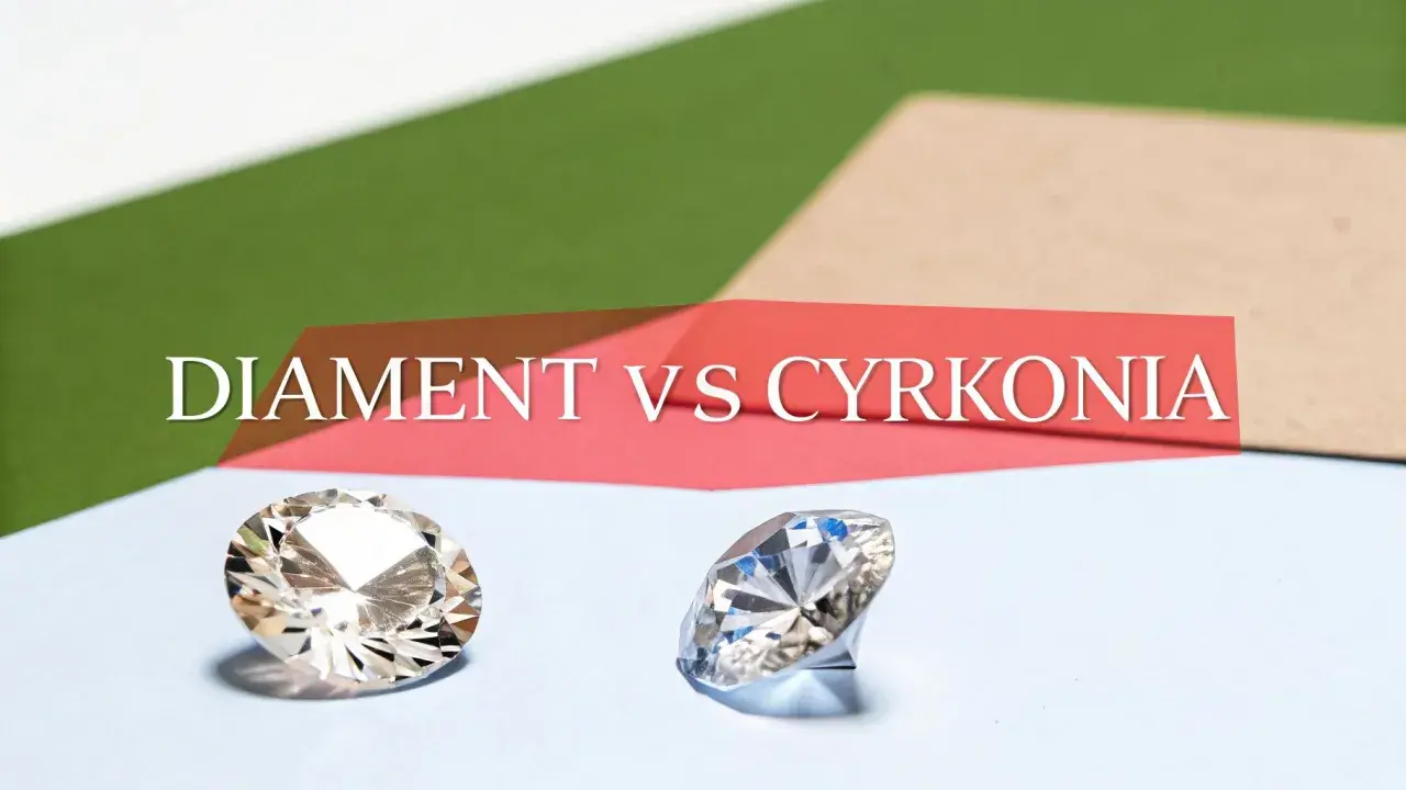 Dwa błyszczące kamienie, jeden przypominający diament, drugi cyrkonię, na tle napisu "DIAMENT VS CYRKONIA". Cyrkon właściwości są porównywane.