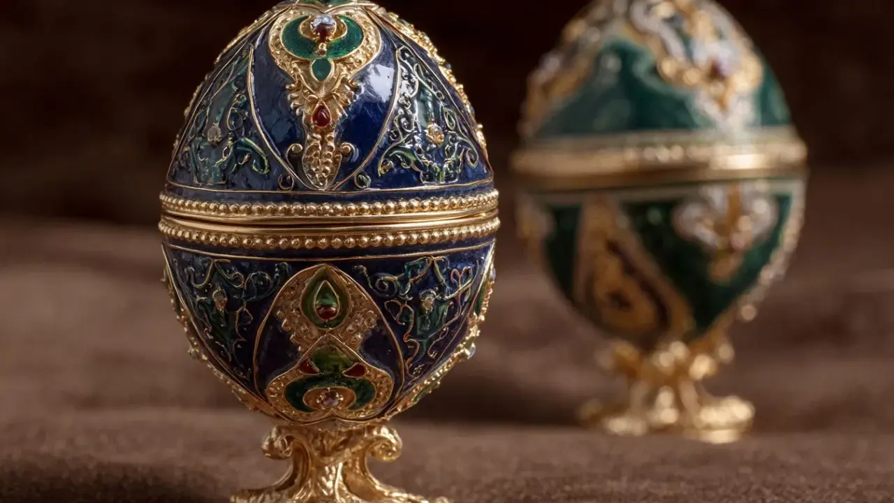 Dwa ozdobne jajka Fabergé, jedno niebieskie, drugie zielone, stoją na złotych podstawkach. Czy to zaginione jajka Fabergé?