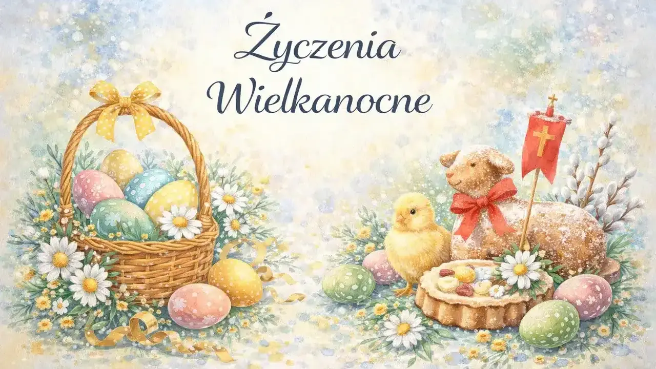 Uroczy szablon życzenia wielkanocne: koszyk z pisankami, baranek, kurczaczek i babeczka.