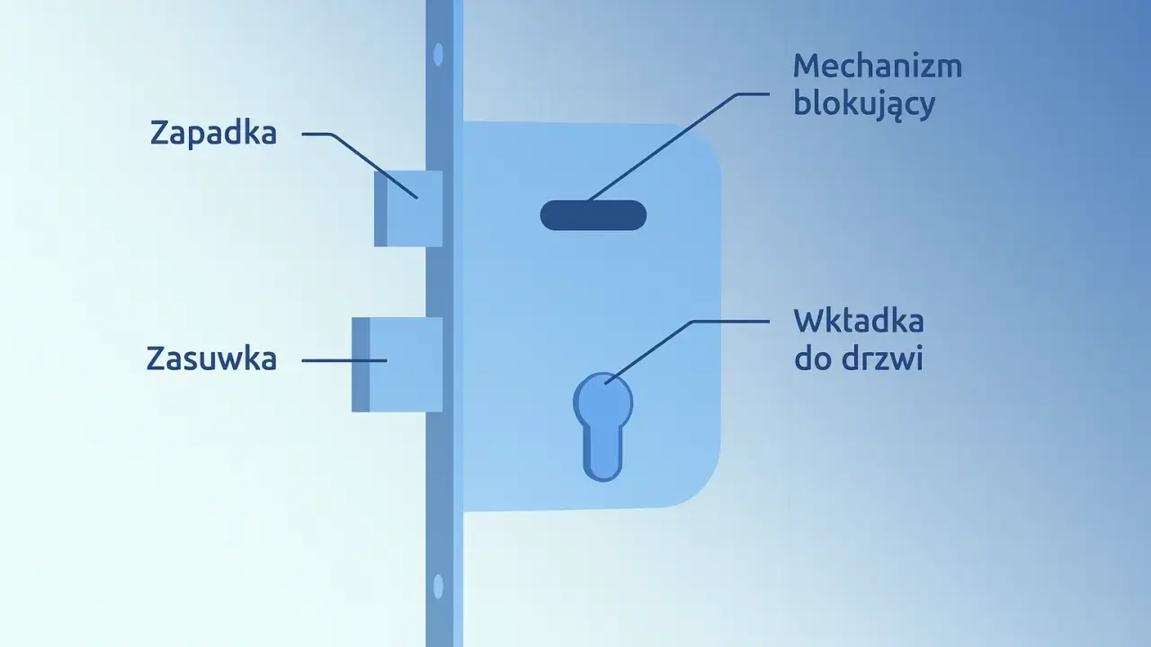Schemat budowy zamka błyskawicznego: zasuwa, zapadka, mechanizm blokujący i wkładka do drzwi.