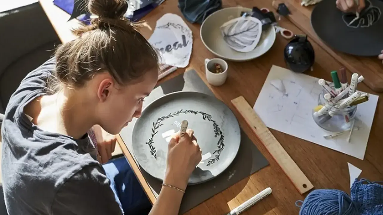 Dziewczyna maluje na talerzu, tworząc wzór. Wokół materiały do rękodzieła, jak do zimna porcelana przepis.