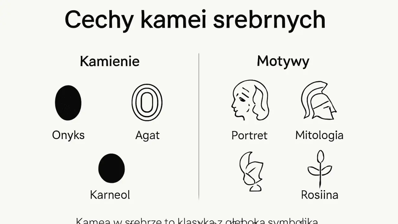 Kamea w srebrze: kamienie (onyks, agat, karneol) i motywy (portret, mitologia, roślina). Klasyka z głęboką symboliką.