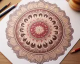 Piękna mandala w odcieniach brązu i beżu, z subtelnym akcentem czerwieni. Kolor mandali tworzy harmonijną całość.