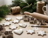 Białe ozdoby choinkowe w kształcie gwiazdek i serc, wykonane z masy porcelanowej, czekają na świąteczne dekorowanie. Obok wałek, foremki i pędzelek.