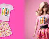Lalka w stylizacji Barbie w różowym T-shircie z owocowym motywem i spódniczce w wiśnie.