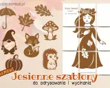 Jesienne szablony do odrysowania: Pani Jesień, parasol, dynia, lis, jeż, grzyb, krasnal i liście.