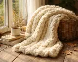 Ciepły koc wykonany techniką arm knitting, leżący obok koszyka, książek i kubka kawy przy oknie.