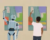 Robot i człowiek tworzą sztukę AI, malując abstrakcyjne obrazy obok siebie.