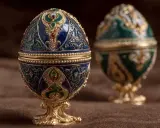 Dwa ozdobne jajka Fabergé, jedno niebieskie, drugie zielone, stoją na złotych podstawkach. Czy to zaginione jajka Fabergé?
