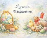 Uroczy szablon życzenia wielkanocne: koszyk z pisankami, baranek, kurczaczek i babeczka.