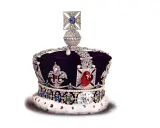 Korona ozdobiona klejnotami, w tym rubinowy spinel, diamenty i szafiry, na aksamitnym tle.