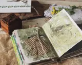 Otwarty notatnik do art journalingu z zielonymi, abstrakcyjnymi wzorami. Na jednej ze stron znajduje się suszony kwiat na pogniecionej tekturze.