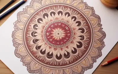 Piękna mandala w odcieniach brązu i beżu, z subtelnym akcentem czerwieni. Kolor mandali tworzy harmonijną całość.