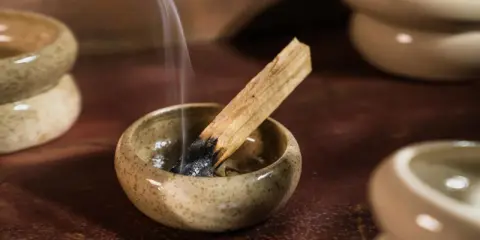 Dymiący patyczek palo santo w ceramicznej miseczce. Zastanawiasz się, palo santo co to? To święte drzewo używane do oczyszczania przestrzeni.
