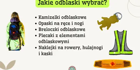 Różne rodzaje odblasków na ubrania: kamizelki, opaski, breloczki, plecaki i naklejki. Zwiększ swoją widoczność!