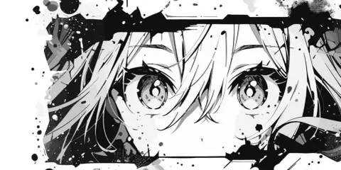Intensywny manga rysunek przedstawiający wielkie, błyszczące oczy postaci, otoczone rozbryzgami tuszu i fragmentami twarzy.