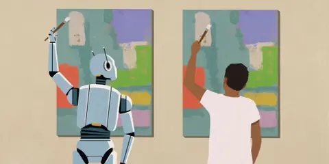 Robot i człowiek tworzą sztukę AI, malując abstrakcyjne obrazy obok siebie.