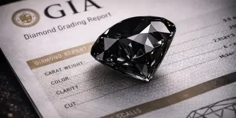 Czarny diament, jeden z rzadkich kamieni szlachetnych, na certyfikacie GIA.