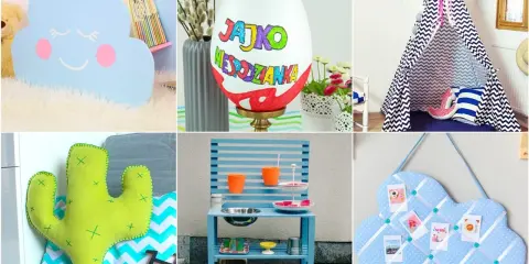 Sześć zdjęć z pomysłami na prezenty DIY dla noworodka: chmurka, jajko, tipi, kaktus, kuchnia i tablica.