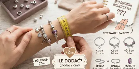 Dłoń z bransoletką i centymetrem, obok ilustracje z poradnikiem doboru rozmiaru.
