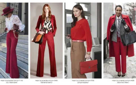 Eleganckie stylizacje w odcieniach czerwieni i **kolor wiśniowy**. Kobiety prezentują modne garnitury, sukienki i płaszcze, podkreślając swój styl.
