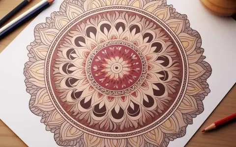 Piękna mandala w odcieniach brązu i beżu, z subtelnym akcentem czerwieni. Kolor mandali tworzy harmonijną całość.