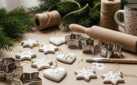 Białe ozdoby choinkowe w kształcie gwiazdek i serc, wykonane z masy porcelanowej, czekają na świąteczne dekorowanie. Obok wałek, foremki i pędzelek.