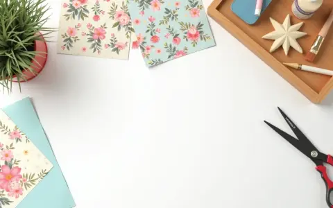 Materiały do decoupage krok po kroku: papiery z kwiatami, nożyczki, pędzel, klej i ozdobna gwiazdka.