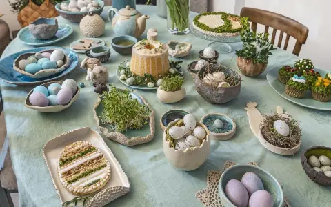 Stół wielkanocny z dekoracjami: pisanki, babeczki, ciasto, ciasteczko w kształcie jajka i kiełki.
