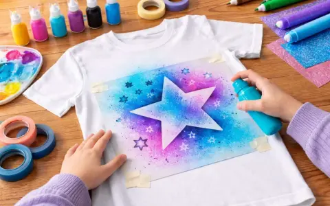 Dziecko tworzy wzór gwiazd na koszulce, używając sprayu do malowania na tkaninie.