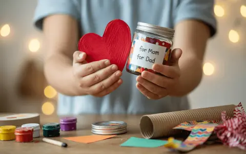 Dzień Matki: własnoręczny prezent dla mamy od dziecka. Słoik z sercem i napisem "for Mom for Dad" to dowód miłości.