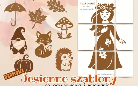 Jesienne szablony do odrysowania: Pani Jesień, parasol, dynia, lis, jeż, grzyb, krasnal i liście.