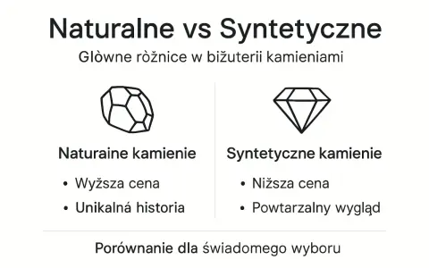 Porównanie naturalnych i syntetycznych kamieni: wyższa cena i unikalna historia vs niższa cena i powtarzalny wygląd.