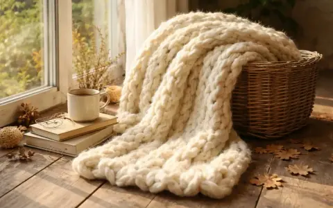 Ciepły koc wykonany techniką arm knitting, leżący obok koszyka, książek i kubka kawy przy oknie.