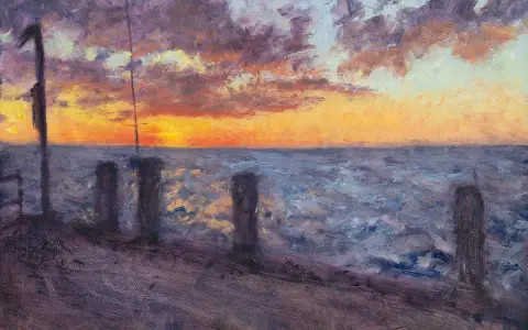 Zachód słońca nad morzem, namalowany w stylu impresjonistycznym. Idealne obrazy dla początkujących, by uchwycić piękno natury.