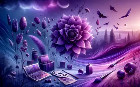 Artystyczna wizja, gdzie znaczenie koloru fioletowego ożywa w magicznym krajobrazie. Fioletowe kwiaty, ptaki i artystyczne przybory tworzą surrealistyczny sen.