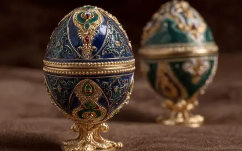 Dwa ozdobne jajka Fabergé, jedno niebieskie, drugie zielone, stoją na złotych podstawkach. Czy to zaginione jajka Fabergé?