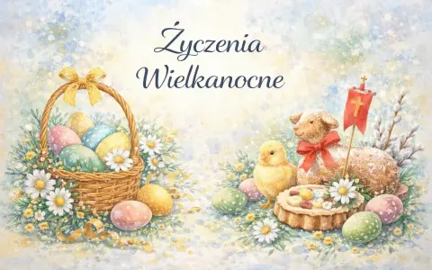 Uroczy szablon życzenia wielkanocne: koszyk z pisankami, baranek, kurczaczek i babeczka.