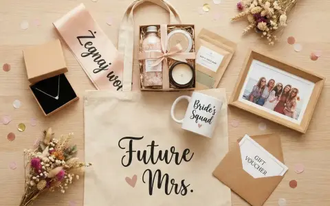 Prezent na wieczór panieński: torba z napisem "Future Mrs.", biżuteria, kosmetyki, zdjęcie i upominki.