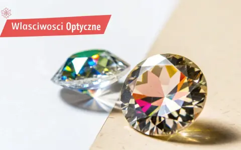 Dwa błyszczące kamienie, jeden z zielonymi refleksami, drugi z tęczowymi. Dowiedz się, czym jest cyrkonia i jakie ma właściwości optyczne.