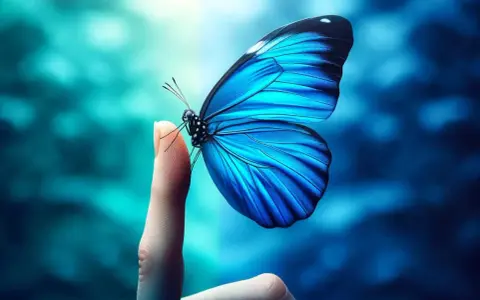 Niebieski kolor znaczenie: motyl o intensywnie niebieskich skrzydłach ląduje na palcu, symbolizując spokój i harmonię.