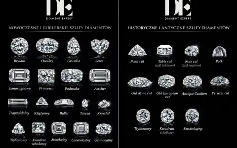 Kolekcja nowoczesnych i historycznych szlifów diamentów, w tym brylant, owalny, serce, szmaragdowy, princessa, point cut, rose cut, old mine cut, antique cushion.