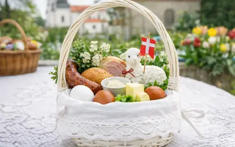 Biały koszyczek wielkanocny dla dziecka: jajka, kiełbasa, chleb, masło, baranek z flagą. Idealne co do koszyczka wielkanocnego dla dziecka.