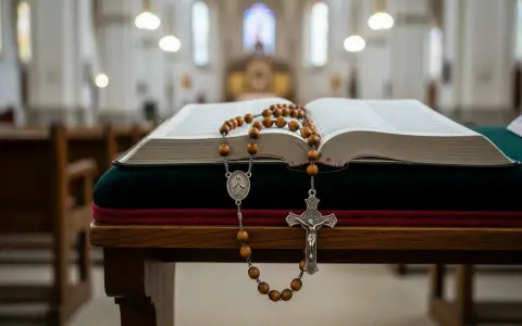 Otwarta księga z różańcem na drewnianym stole w kościele.