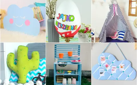 Sześć zdjęć z pomysłami na prezenty DIY dla noworodka: chmurka, jajko, tipi, kaktus, kuchnia i tablica.